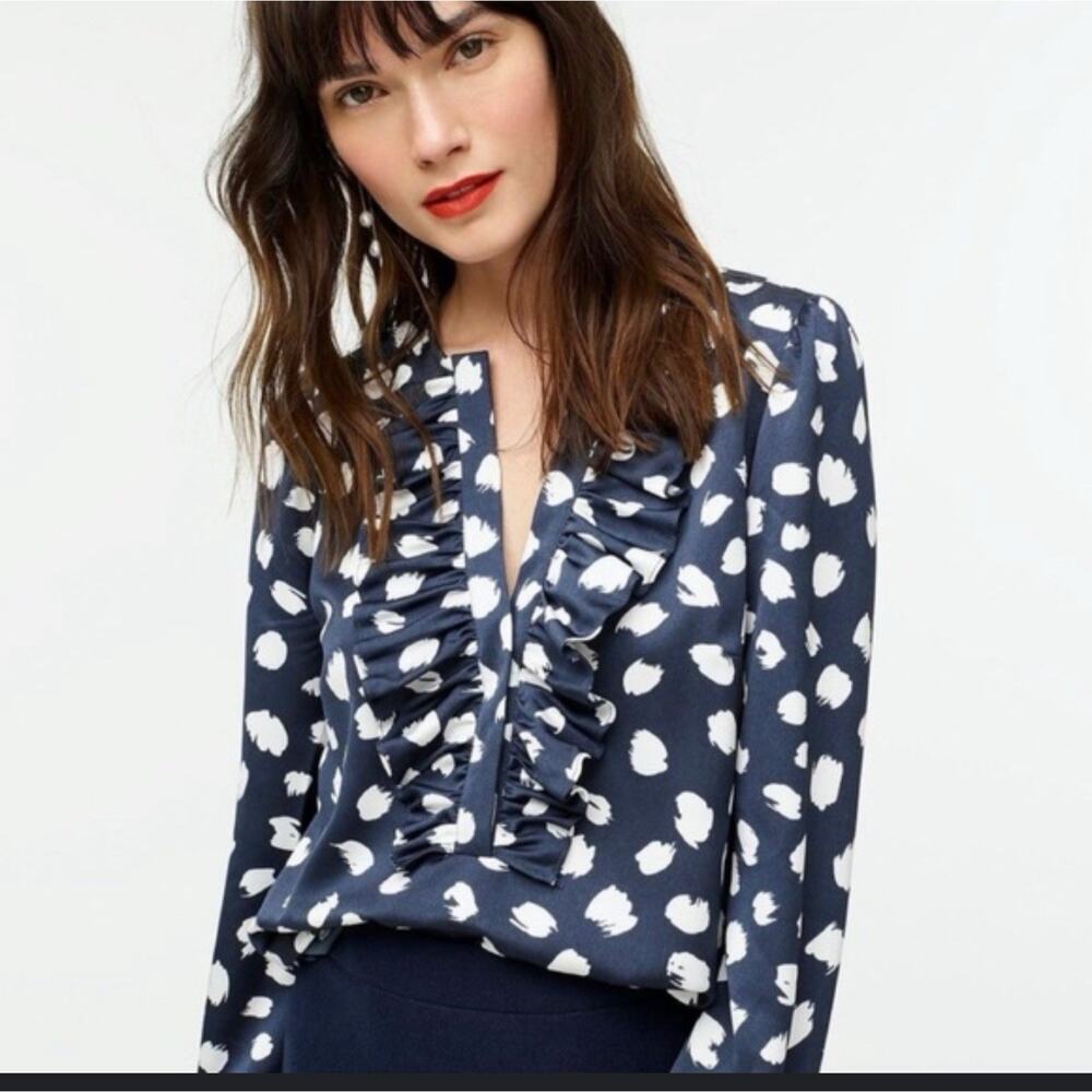 J‎ Crew Long Sleeve Ruffle Front Top Brushstroke Print Navy Blouse Size Large